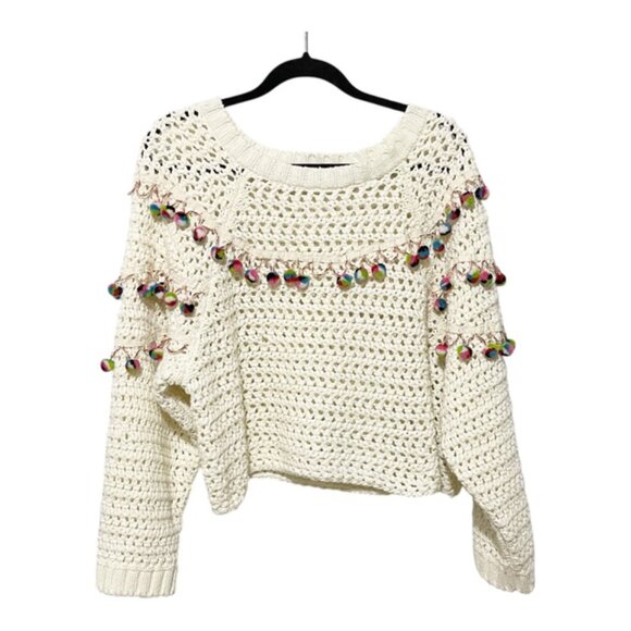 Zara Medium Crochet Pom Pom Detail Cropped Sweater EUC - Picture 2 of 6